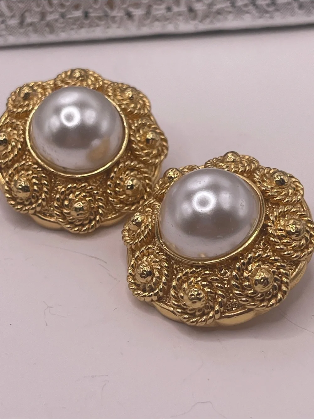 07.08.26-3 St. John Goldtone Filigree & Faux Pearl Button Clip on Earrings